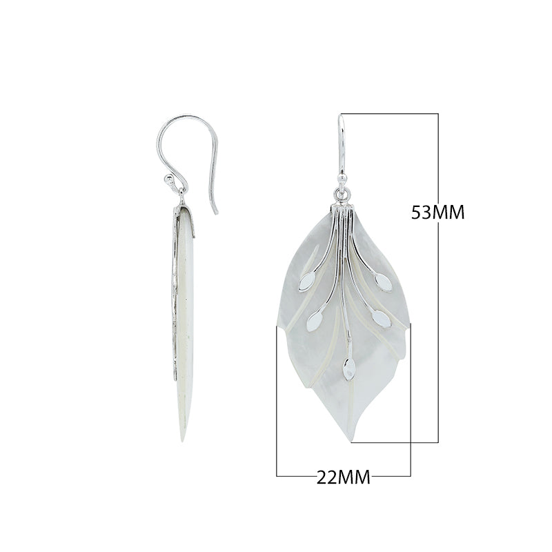 Sterling silver mother of pearl leaf earrings with carved detailing and polished finish