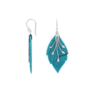 Sterling silver turquoise shell leaf earrings with carved detailing and high polish finish