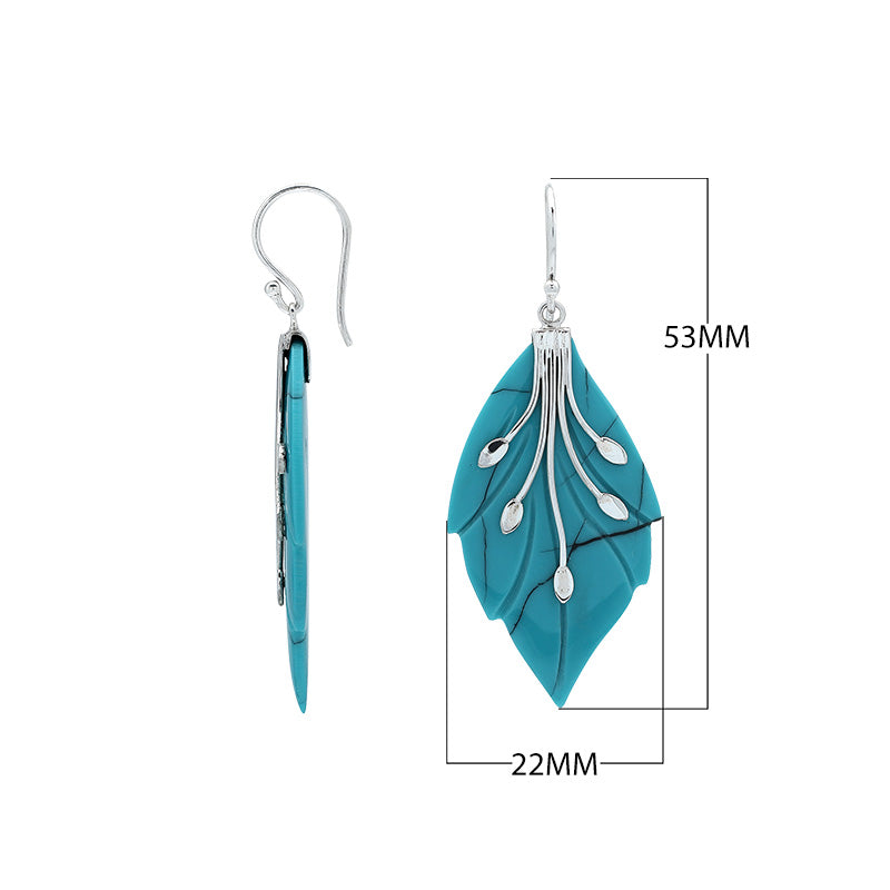 Sterling silver turquoise shell leaf earrings with carved detailing and high polish finish