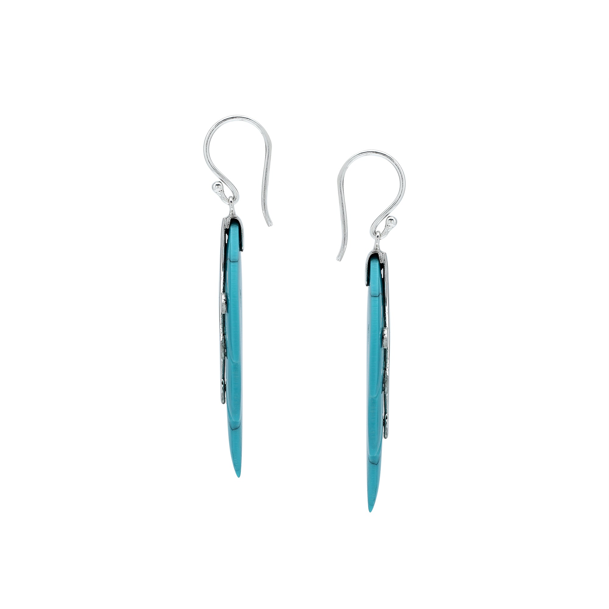 Sterling silver turquoise shell leaf earrings with carved detailing and high polish finish