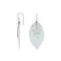 Sterling silver mother of pearl carved leaf drop earrings with polished silver detailing and handcrafted shell design.