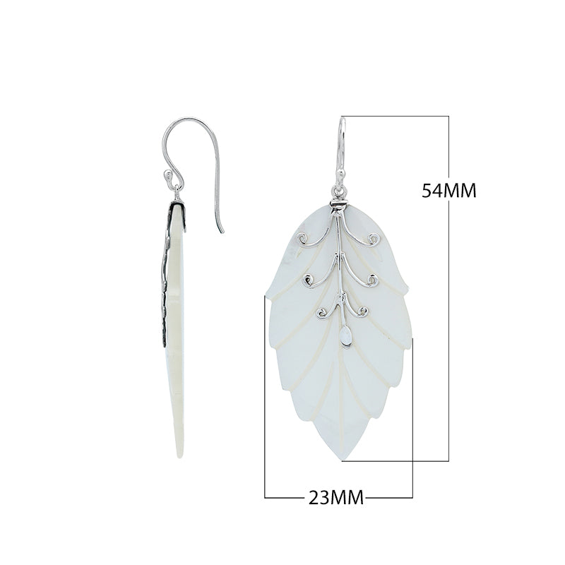 Sterling silver mother of pearl carved leaf drop earrings with polished silver detailing and handcrafted shell design.
