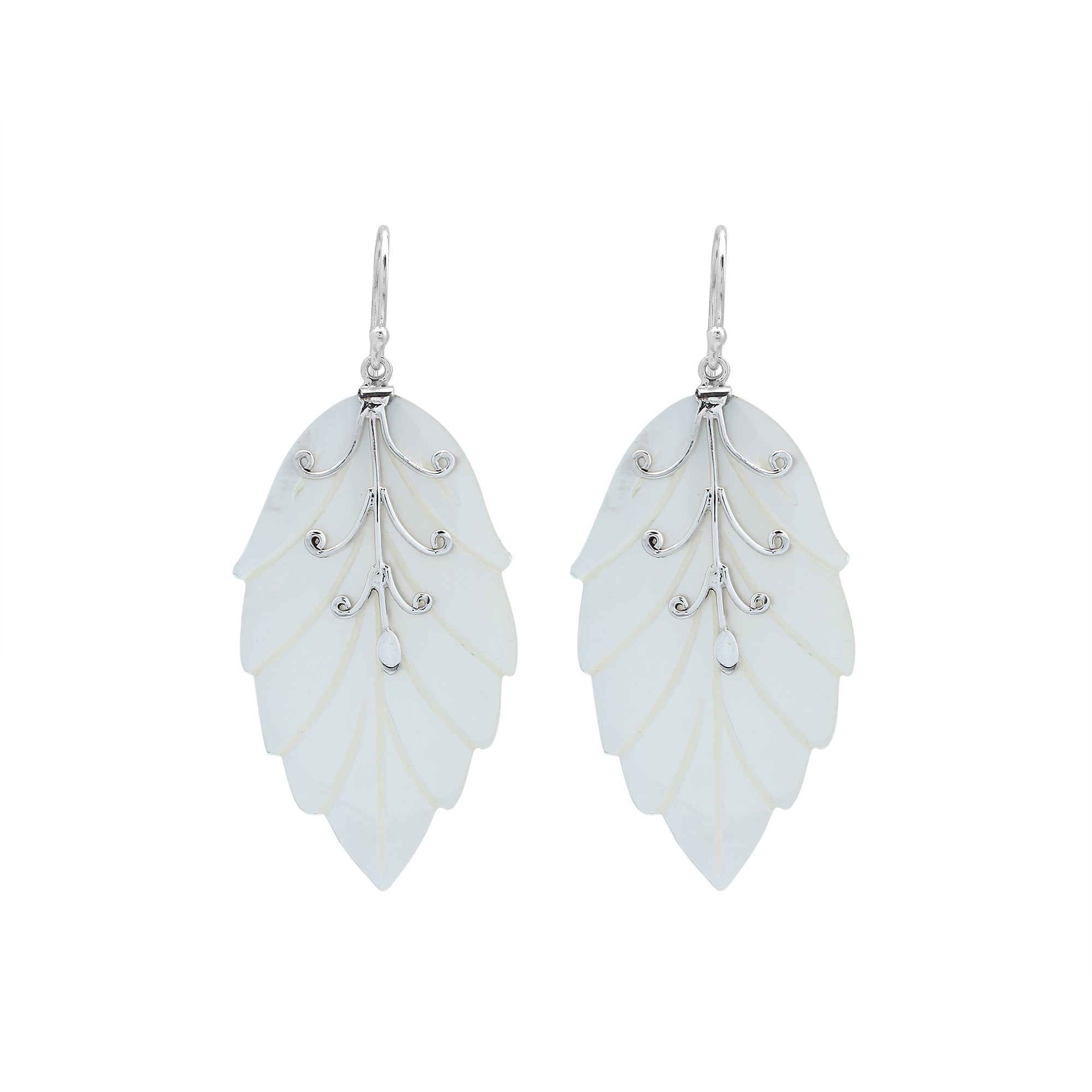 Sterling silver mother of pearl carved leaf drop earrings with polished silver detailing and handcrafted shell design.