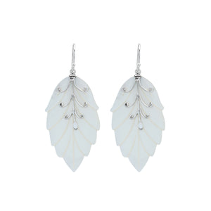 Sterling silver mother of pearl carved leaf drop earrings with polished silver detailing and handcrafted shell design.