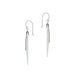 Sterling silver mother of pearl carved leaf drop earrings with polished silver detailing and handcrafted shell design.