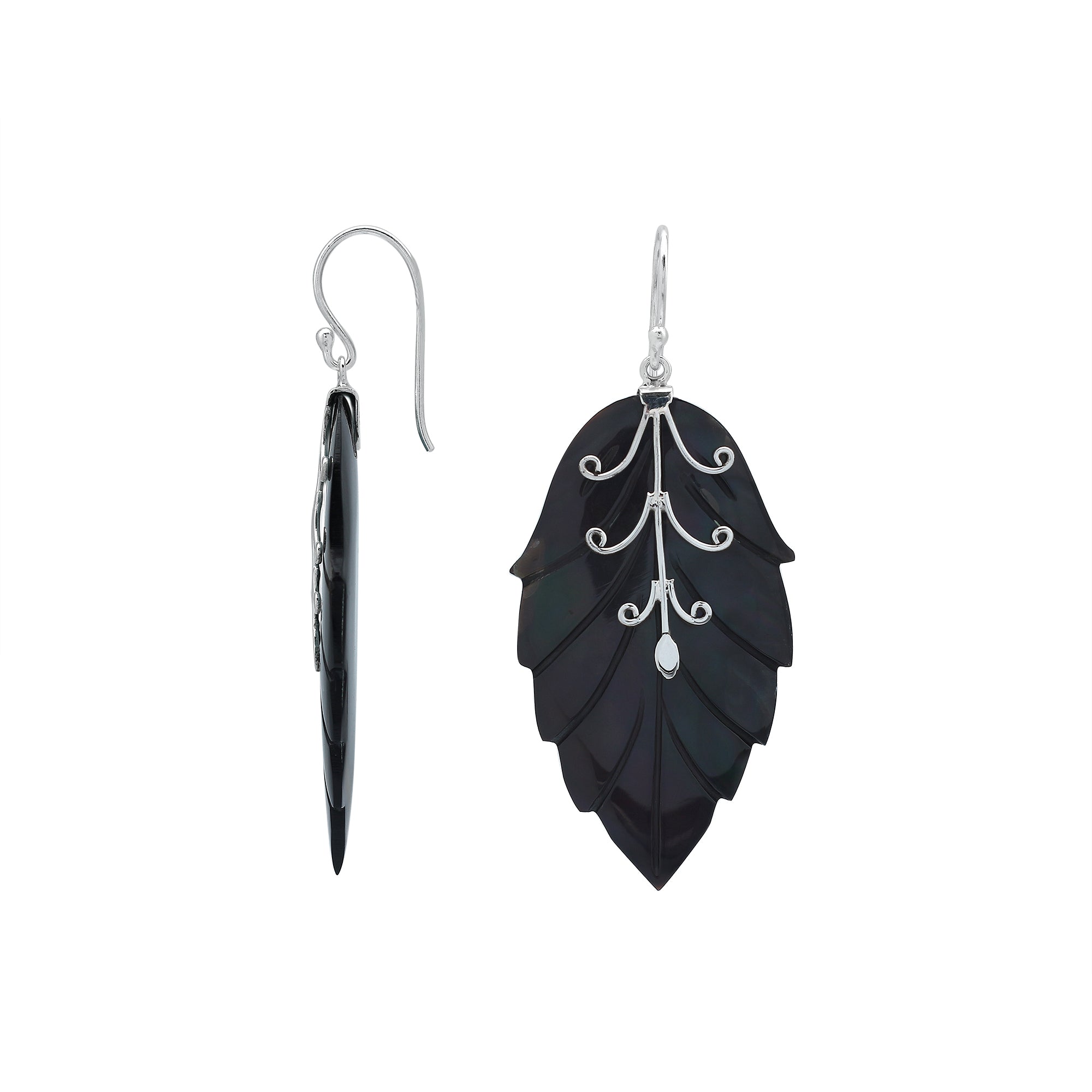 Sterling silver black shell carved leaf drop earrings with polished silver vine detailing and handcrafted dark shell finish.