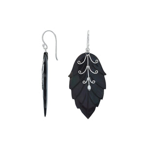 Sterling silver black shell carved leaf drop earrings with polished silver vine detailing and handcrafted dark shell finish.