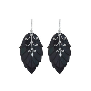 Sterling silver black shell carved leaf drop earrings with polished silver vine detailing and handcrafted dark shell finish.