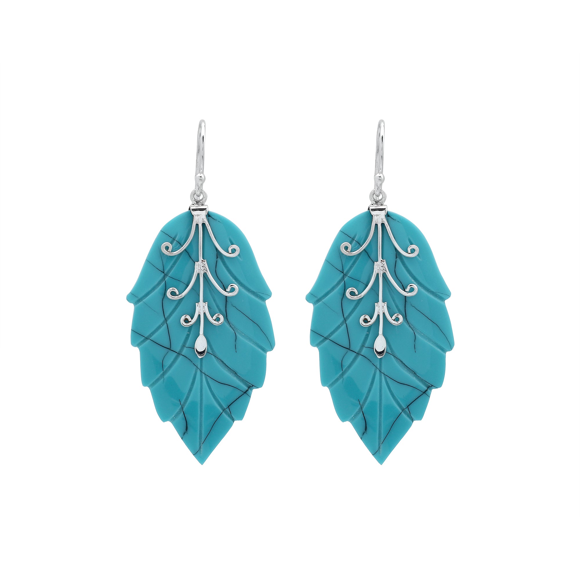 Sterling silver turquoise shell carved leaf drop earrings with polished silver detailing and handcrafted stone design.