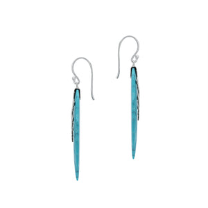 Sterling silver turquoise shell carved leaf drop earrings with polished silver detailing and handcrafted stone design.