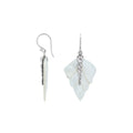 Sterling silver mother of pearl carved leaf drop earrings with polished silver bead detailing and handcrafted shell design.