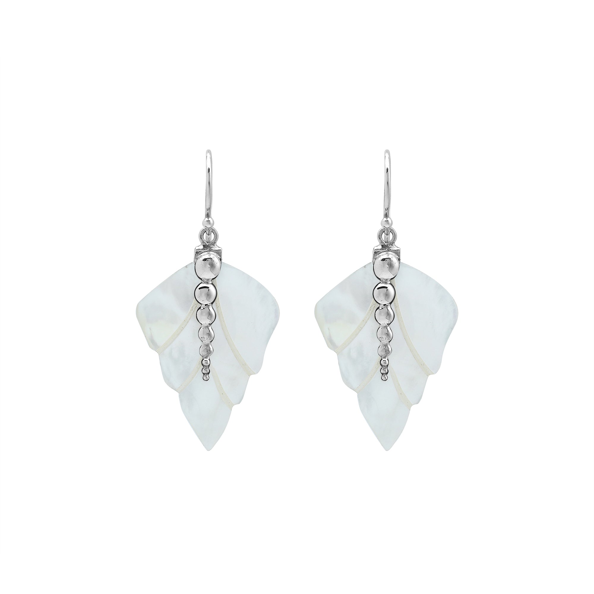 Sterling silver mother of pearl carved leaf drop earrings with polished silver bead detailing and handcrafted shell design.