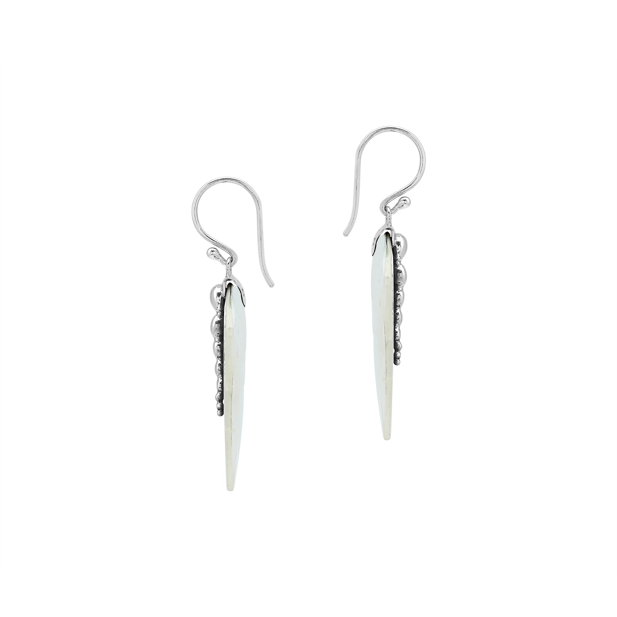 Sterling silver mother of pearl carved leaf drop earrings with polished silver bead detailing and handcrafted shell design.