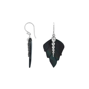 Sterling silver black shell carved leaf drop earrings with polished silver bead detailing and handcrafted dark shell design.