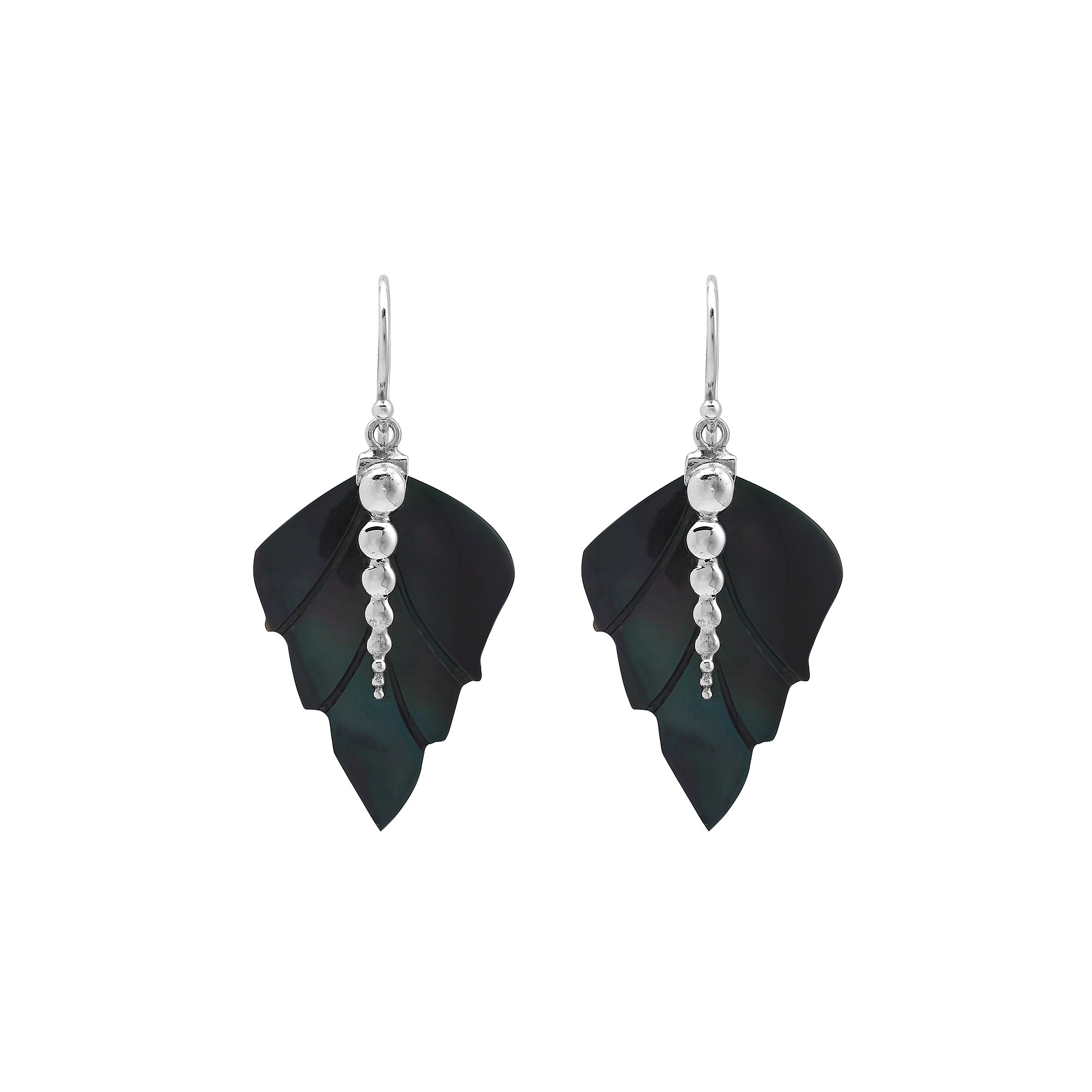 Sterling silver black shell carved leaf drop earrings with polished silver bead detailing and handcrafted dark shell design.