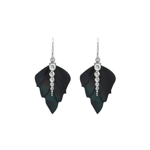 Sterling silver black shell carved leaf drop earrings with polished silver bead detailing and handcrafted dark shell design.
