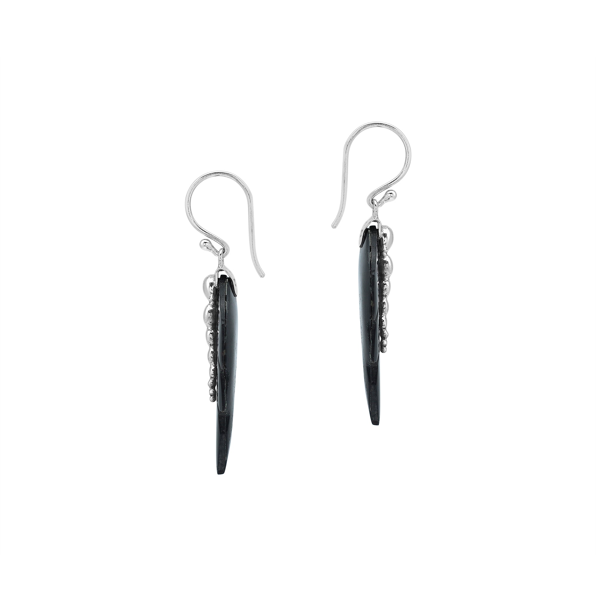 Sterling silver black shell carved leaf drop earrings with polished silver bead detailing and handcrafted dark shell design.