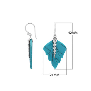 Sterling silver turquoise shell carved leaf drop earrings with polished silver bead detailing and handcrafted shell finish.