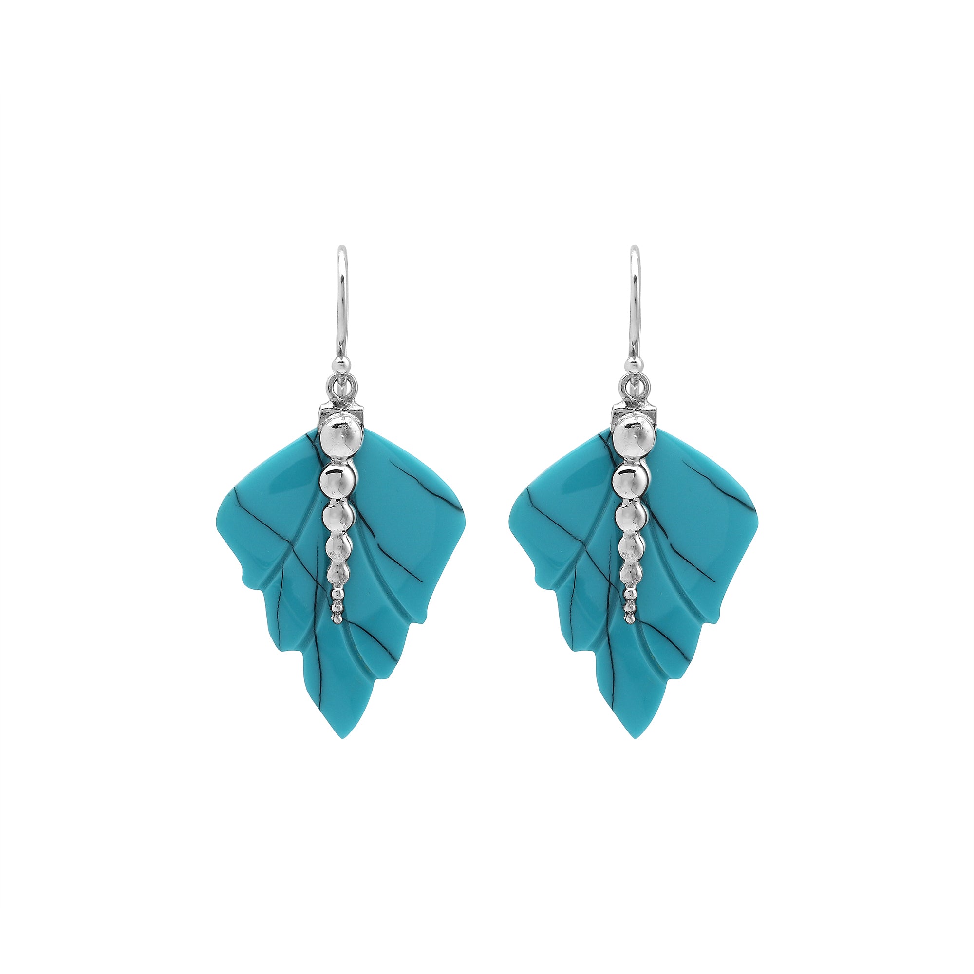 Sterling silver turquoise shell carved leaf drop earrings with polished silver bead detailing and handcrafted shell finish.