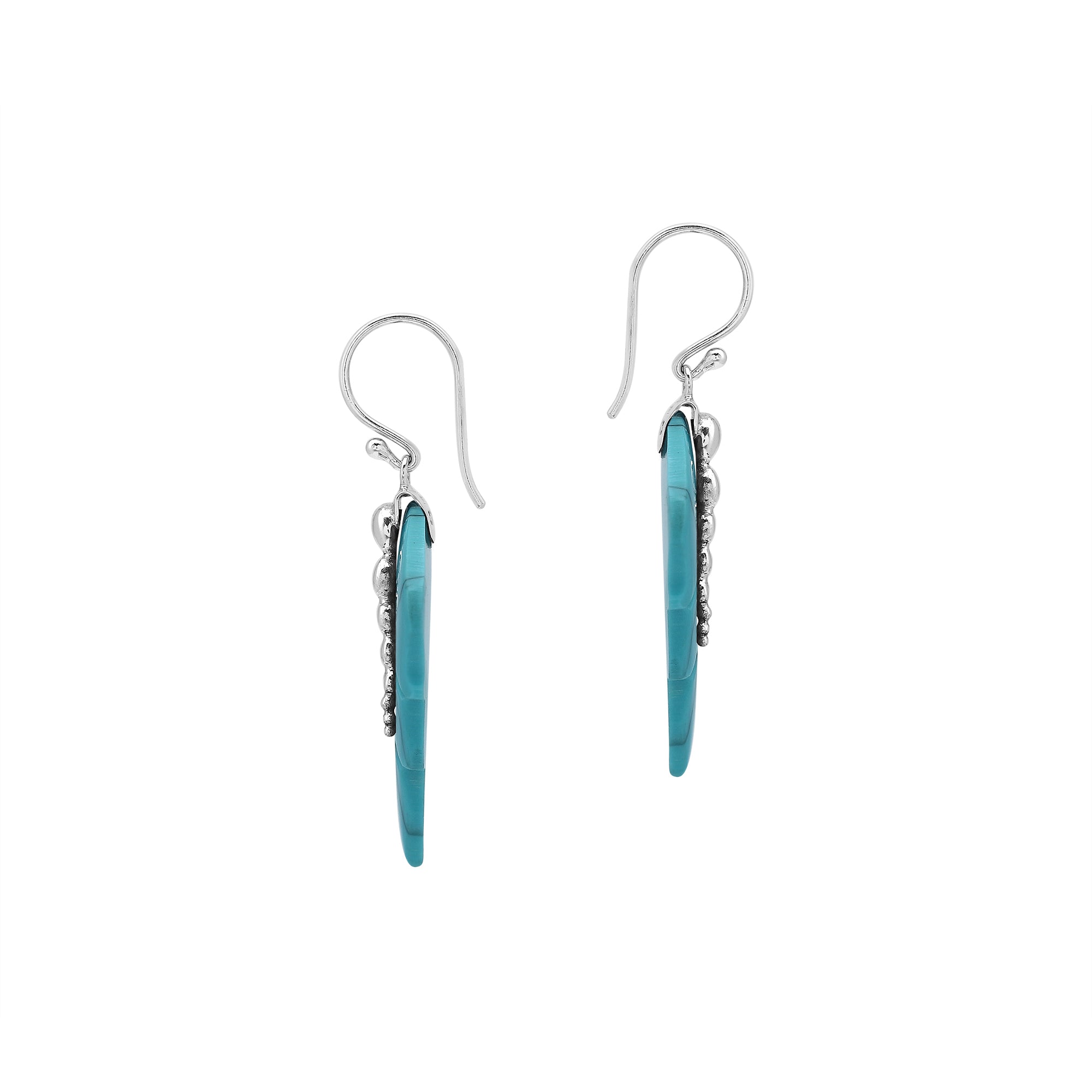 Sterling silver turquoise shell carved leaf drop earrings with polished silver bead detailing and handcrafted shell finish.
