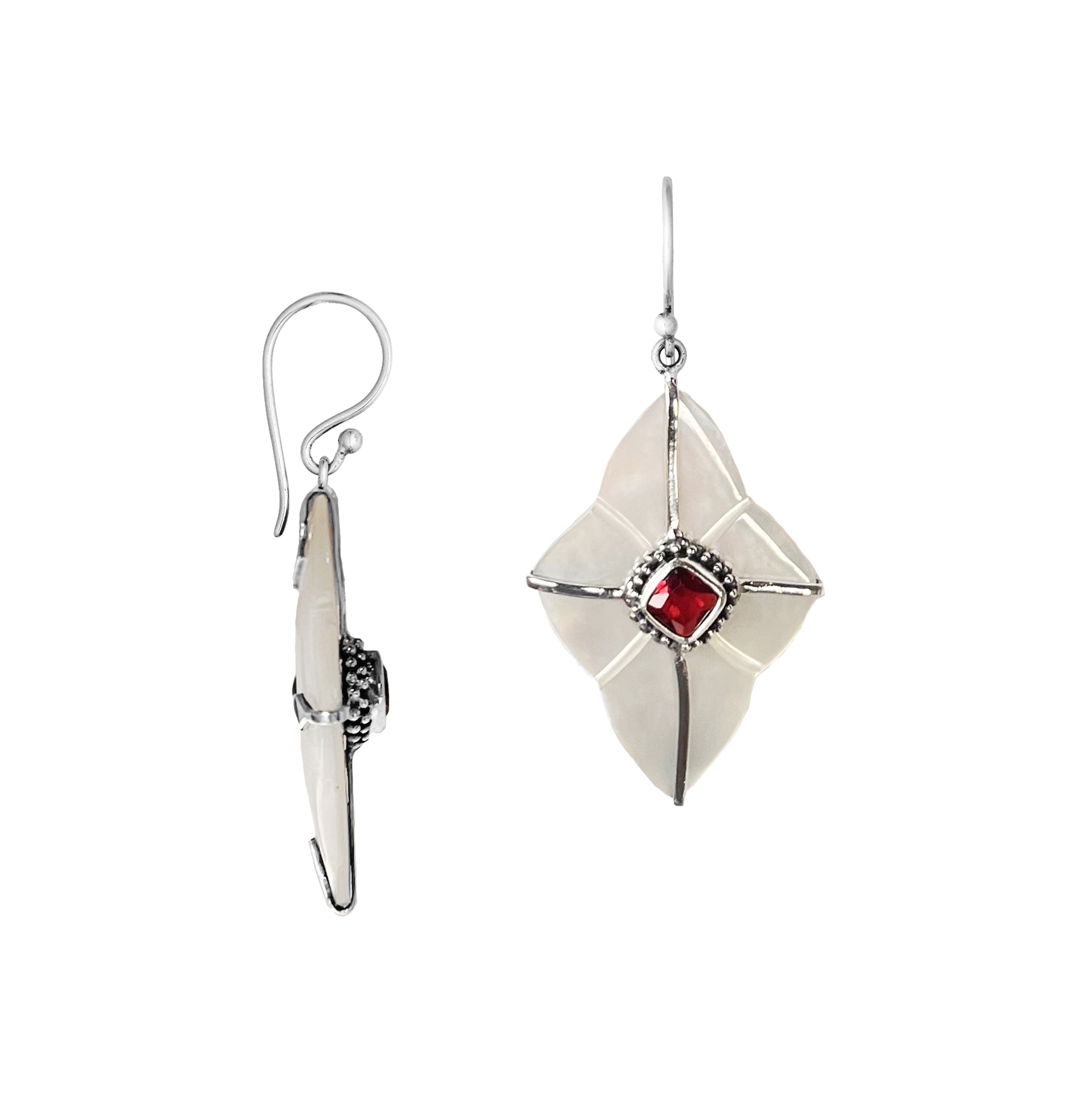 Mother Of Pearl Sterling Silver Floral Drop Earwire Earrings