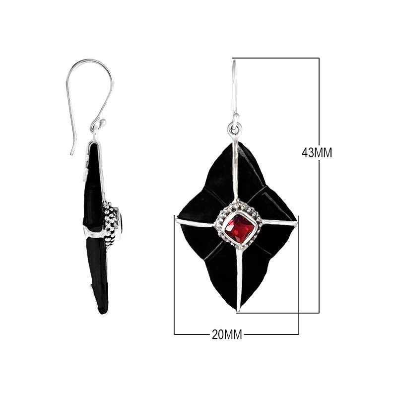 Sterling silver Black Shell and Garnet Quartz dangle earrings with geometric panels, cushion-shaped red centers, silver framework, and fishhook wires