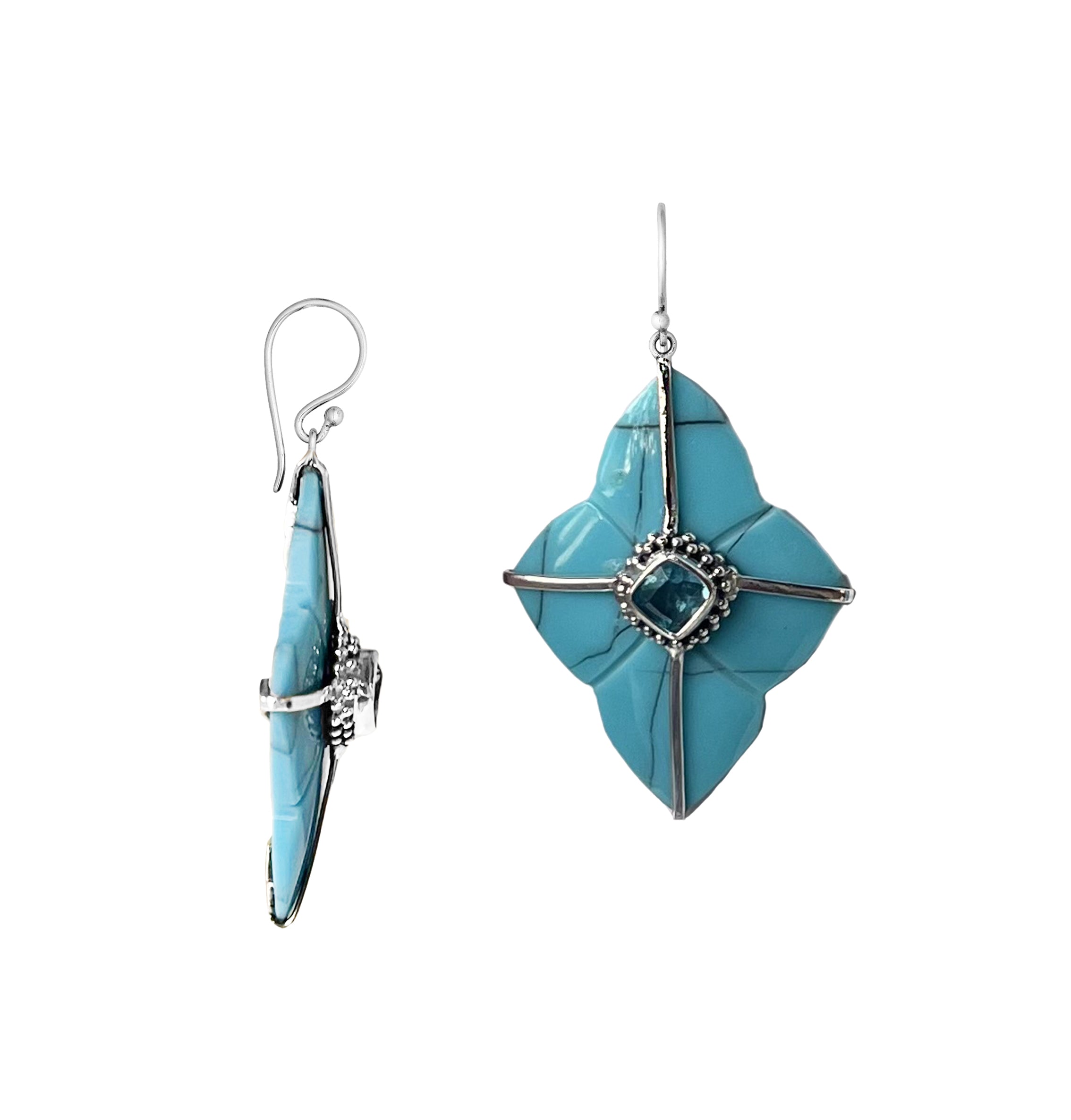 Turquoise Shell Sterling Silver Floral Drop Earwire Earrings
