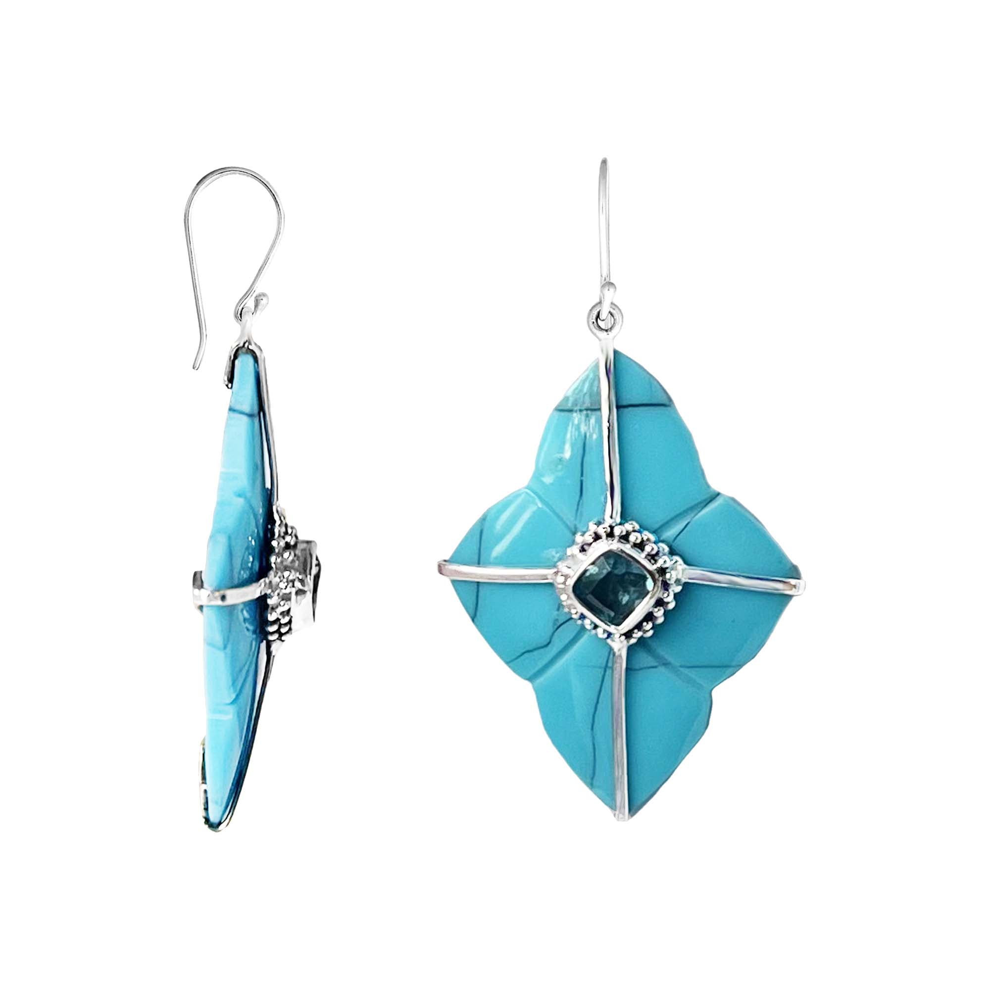 Turquoise Shell Sterling Silver Floral Drop Earwire Earrings