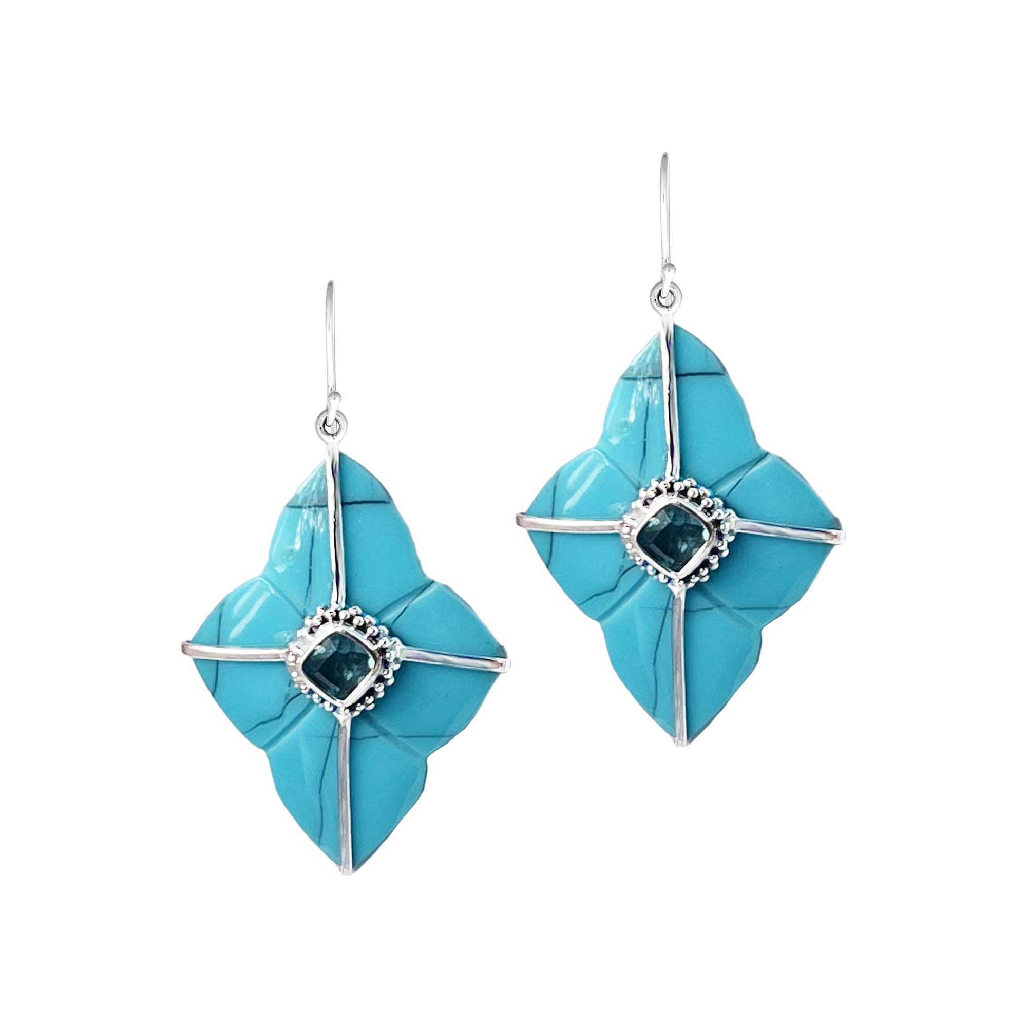 Turquoise Shell Sterling Silver Floral Drop Earwire Earrings