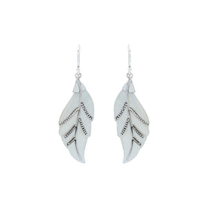 Sterling silver mother of pearl carved leaf earrings pair with polished finish
