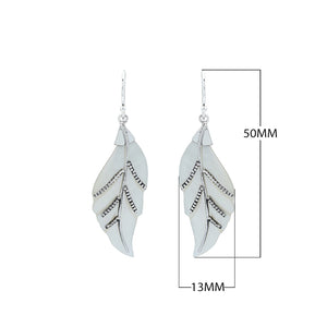 Sterling silver mother of pearl carved leaf earrings pair with polished finish
