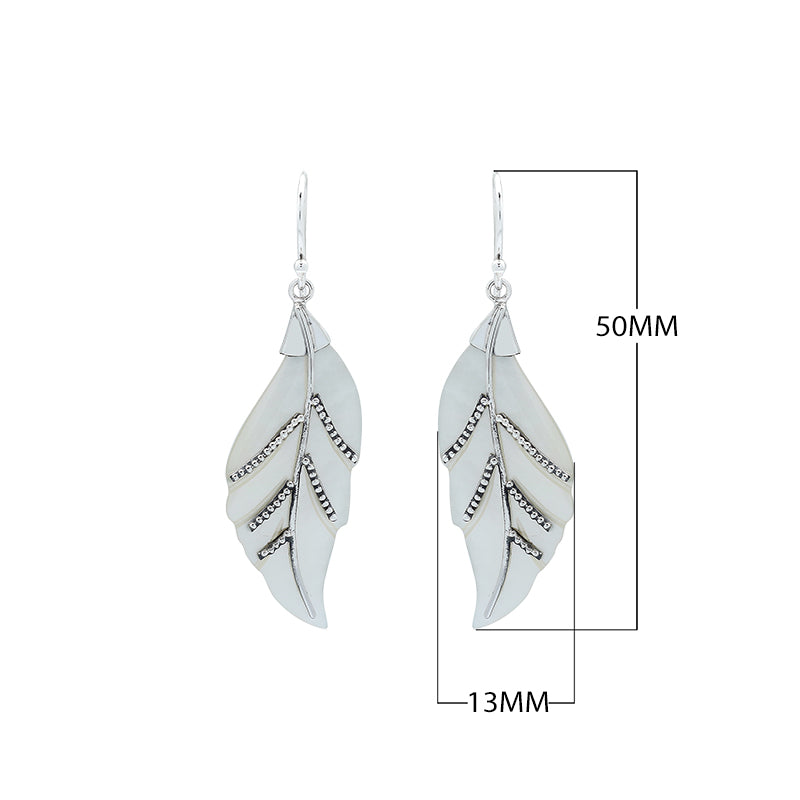 Sterling silver mother of pearl carved leaf earrings pair with polished finish
