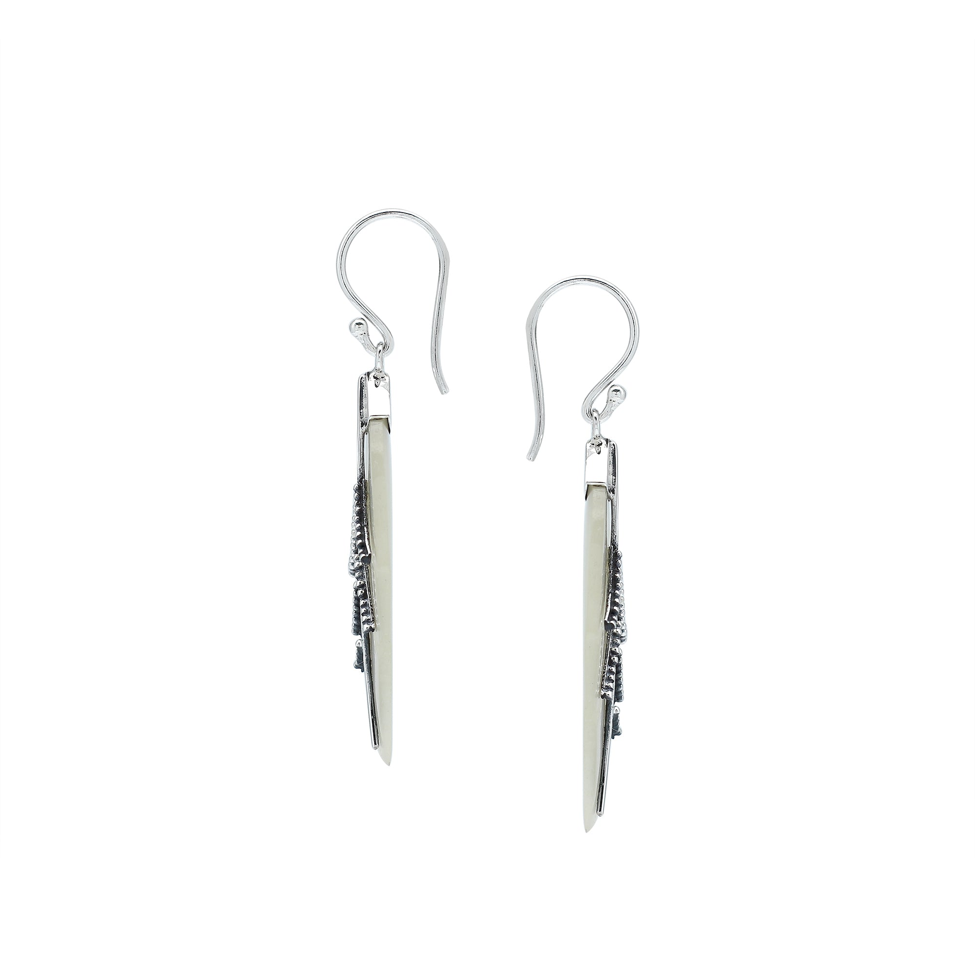 Sterling silver mother of pearl carved leaf earrings pair with polished finish