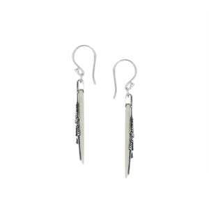 Sterling silver mother of pearl carved leaf earrings pair with polished finish