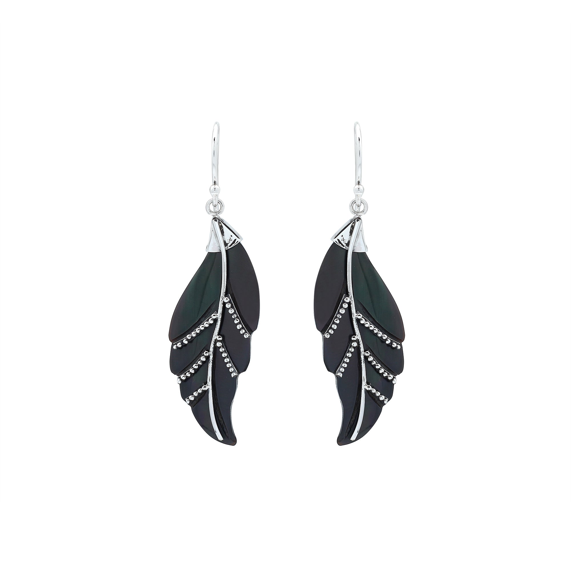 Sterling silver black shell carved leaf earrings pair with polished finish