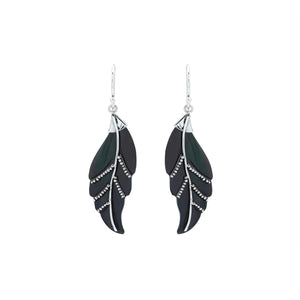Sterling silver black shell carved leaf earrings pair with polished finish