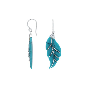 Sterling silver turquoise shell carved leaf earrings pair with polished finish
