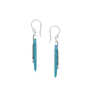 Sterling silver turquoise shell carved leaf earrings pair with polished finish