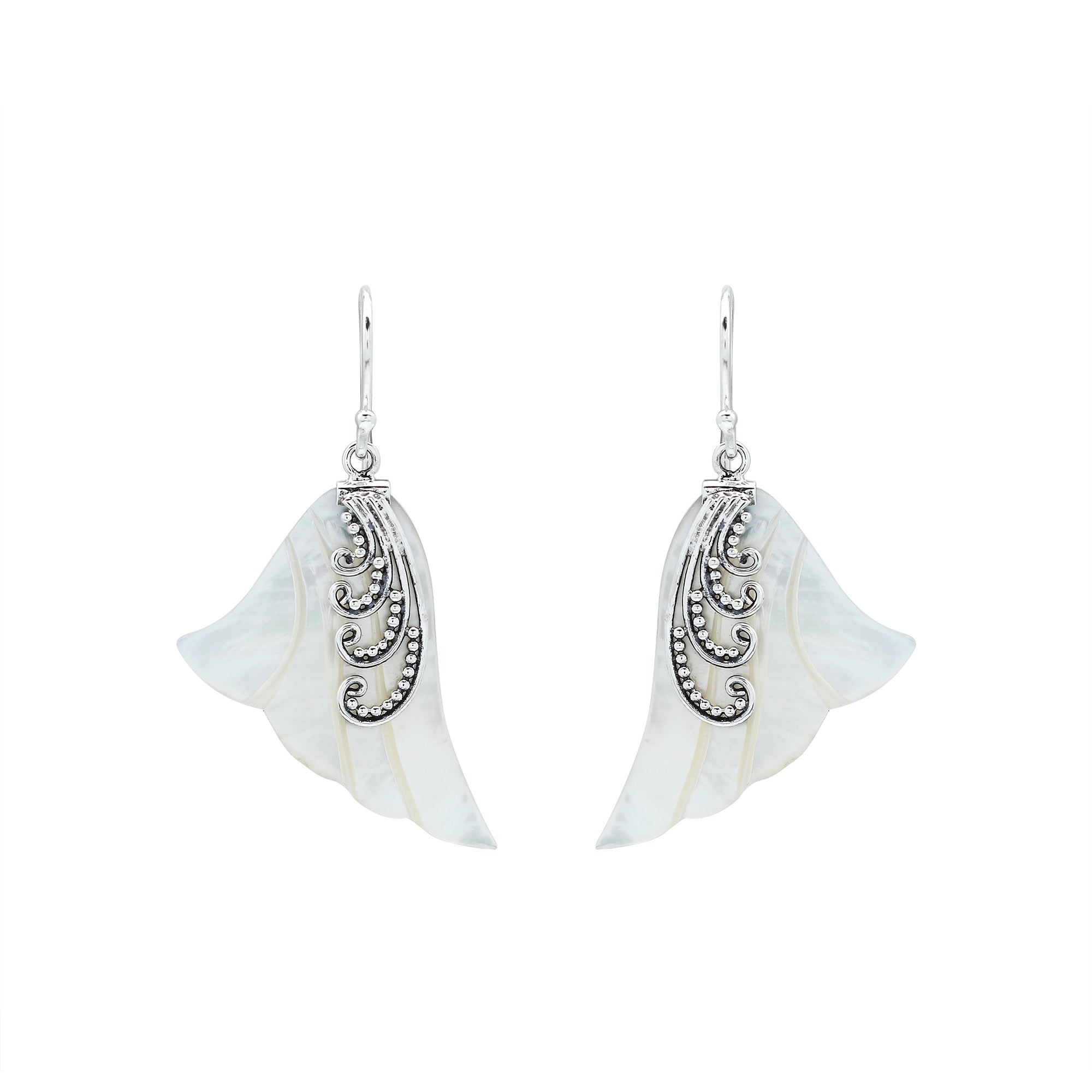 Sterling silver mother of pearl leaf drop earrings with layered shell and polished finish