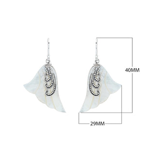 Sterling silver mother of pearl leaf drop earrings with layered shell and polished finish