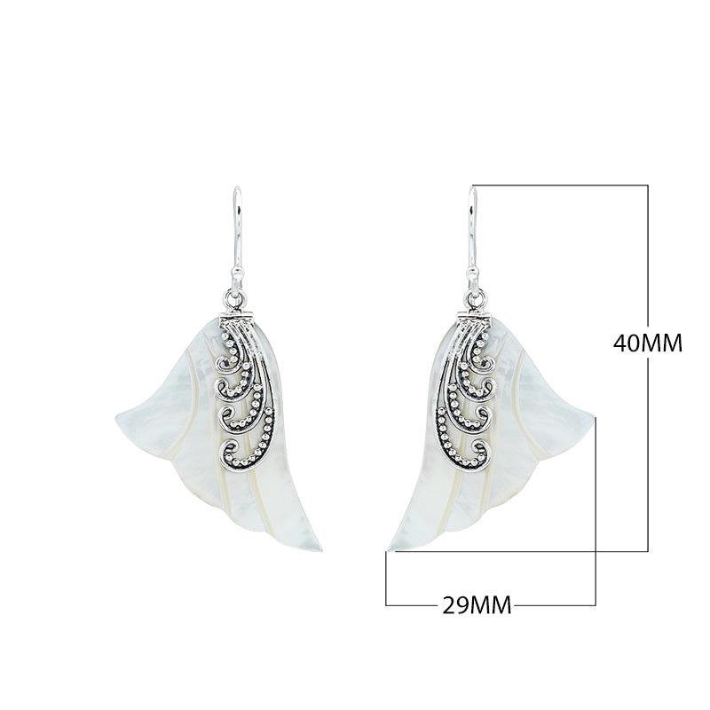 Sterling silver mother of pearl leaf drop earrings with layered shell and polished finish