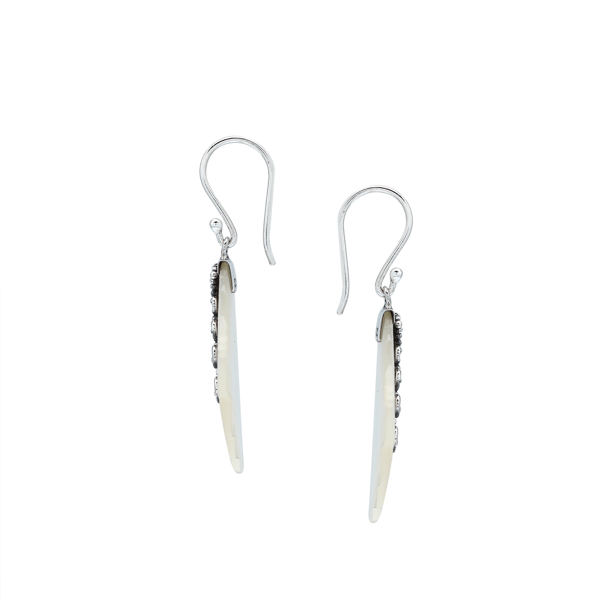Sterling silver mother of pearl leaf drop earrings with layered shell and polished finish