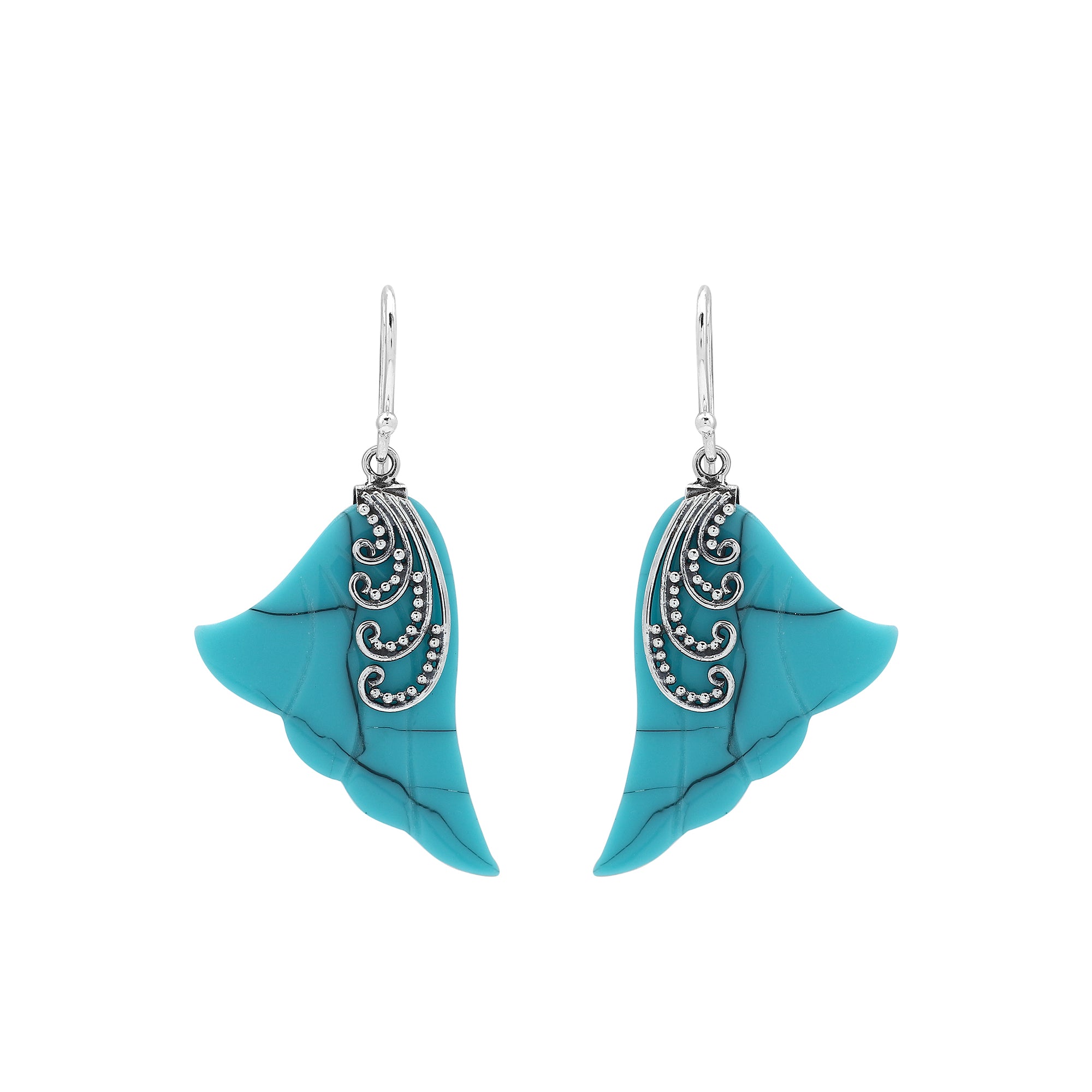 Sterling silver turquoise shell leaf drop earrings with layered shell and polished finish