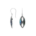 925 Sterling Silver Abalone Shell marquise drop earrings featuring iridescent blue-green shell inlays, infinity-inspired openwork patterns, oxidized dotted detailing, polished silver edges, and elegant fishhook ear wires.