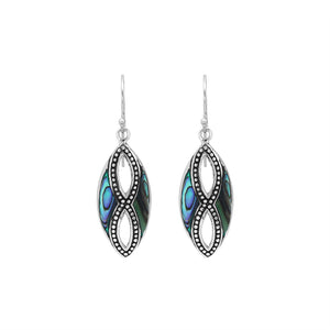925 Sterling Silver Abalone Shell marquise drop earrings featuring iridescent blue-green shell inlays, infinity-inspired openwork patterns, oxidized dotted detailing, polished silver edges, and elegant fishhook ear wires.