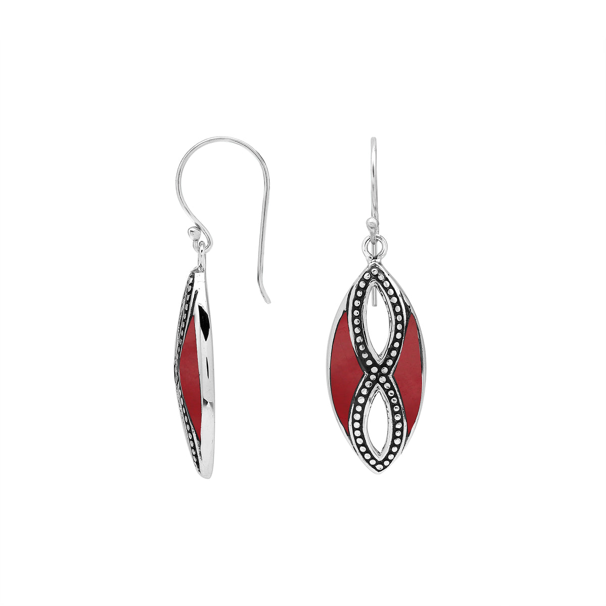 925 Sterling Silver Red Coral marquise drop earrings featuring infinity-inspired double openwork motifs, vibrant red inlays, oxidized dotted silver detailing, polished edges, and classic fishhook ear wires.