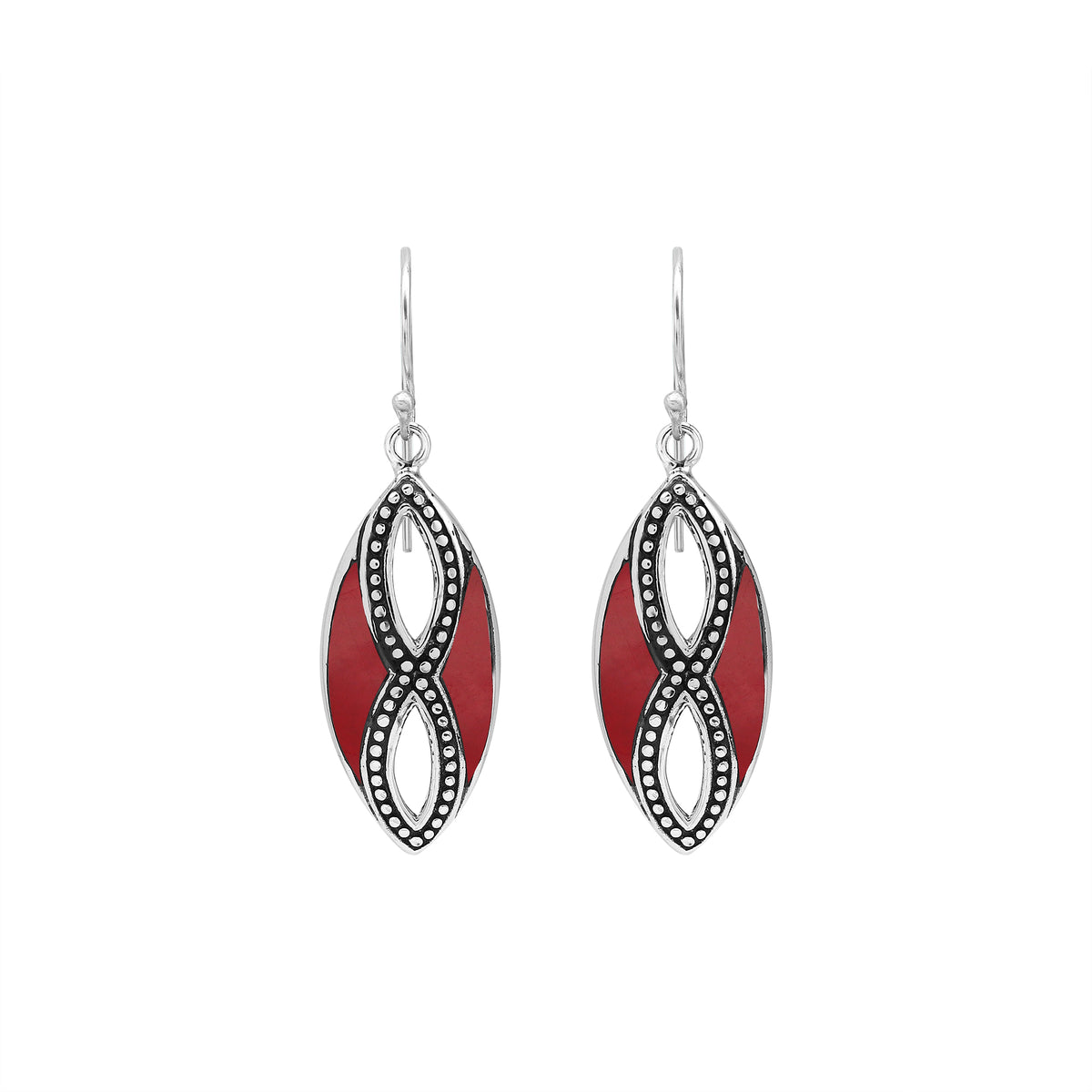 925 Sterling Silver Red Coral marquise drop earrings featuring infinity-inspired double openwork motifs, vibrant red inlays, oxidized dotted silver detailing, polished edges, and classic fishhook ear wires.