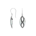 925 Sterling Silver Mother Of Pearl marquise drop earrings featuring luminous white shell inlays, double infinity-inspired openwork, oxidized dotted detailing, polished silver borders, and elegant fishhook ear wires.