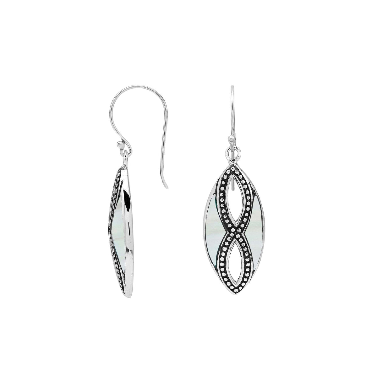 925 Sterling Silver Mother Of Pearl marquise drop earrings featuring luminous white shell inlays, double infinity-inspired openwork, oxidized dotted detailing, polished silver borders, and elegant fishhook ear wires.