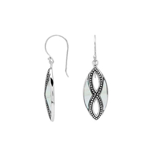925 Sterling Silver Mother Of Pearl marquise drop earrings featuring luminous white shell inlays, double infinity-inspired openwork, oxidized dotted detailing, polished silver borders, and elegant fishhook ear wires.